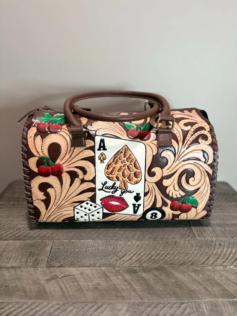 Hand Painted Tooled Leather Satchel Western Lucky You Barrel Bag Large Brown